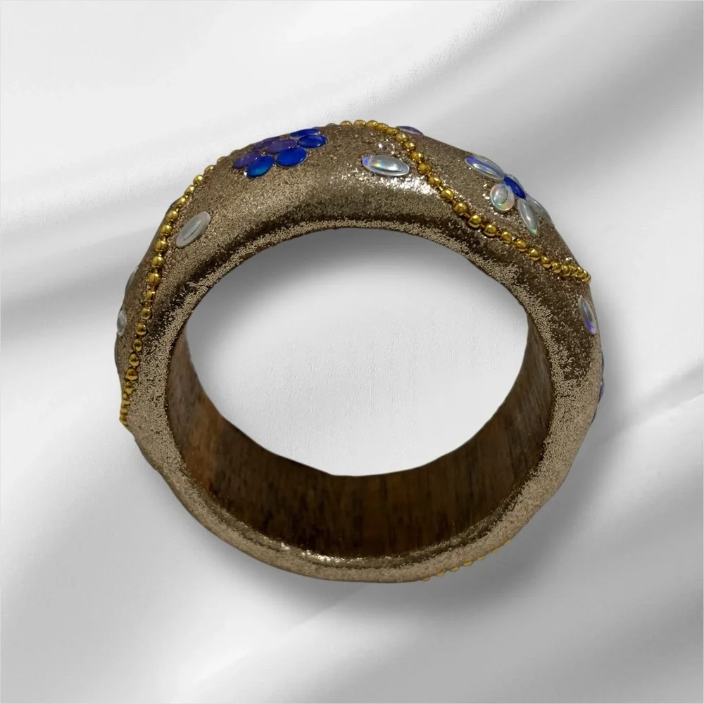 Bangle with Bead and Floral Accents Gold and Blue